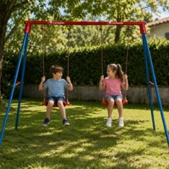 Altalena da Giardino Doppia per Bambini Acciaio Blu Seduta Tavoletta