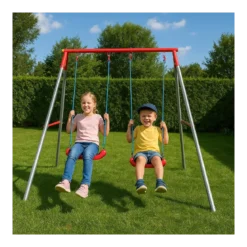 Altalena per Bambini 2 Posti da Esterno 214x165x200 cm Rosso Blu Acciaio