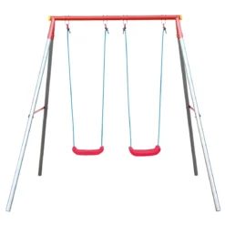 Altalena per Bambini 2 Posti da Esterno 214x165x200 cm Rosso Blu Acciaio