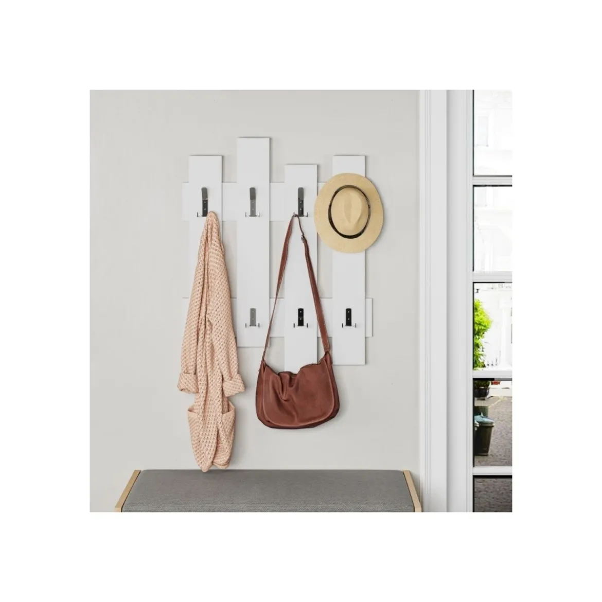 Appendiabiti a Muro in Legno Bianco con Ganci Moderno Mobile ingresso a Parete