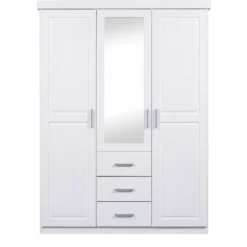 Armadio 3 Ante Bianco con Specchio Cassetti Appendiabiti Camera da Letto