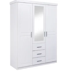 Armadio 3 Ante Bianco con Specchio Cassetti Appendiabiti Camera da Letto