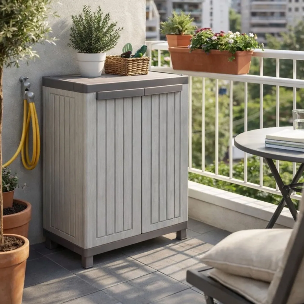 Armadio Basso da Esterno Mobile Balcone Giardino in Resina con Ripiani Due Ante