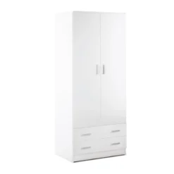 Armadio Bianco 180 h 2 Ante con 2 Cassetti Appendiabiti Mobile Camera da Letto