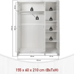 Armadio Camera da Letto 3 Ante Asta Appendiabiti Ripiani Bianco