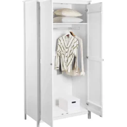 Armadio Camera da Letto 2 Ante con Asta Appendiabiti Legno Bianco