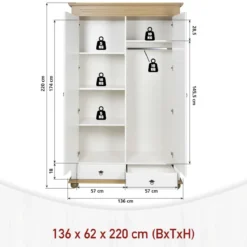 Armadio Camera da Letto 2 Ante 2 Cassetti Pino Massello Bianco Rovere