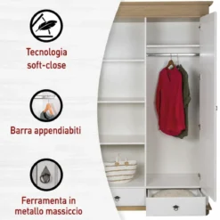 Armadio Camera da Letto 2 Ante 2 Cassetti Pino Massello Bianco Rovere