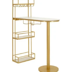 Bancone Bar Penisola Cucina Metallo Marmo Sintetico Bianco Oro Ripiani