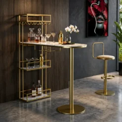 Bancone Bar Penisola Cucina Metallo Marmo Sintetico Bianco Oro Ripiani