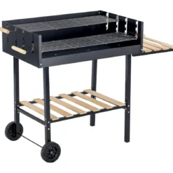 Barbecue a Carbone con Doppia Griglia Inox Regolabile Ripiani in Legno