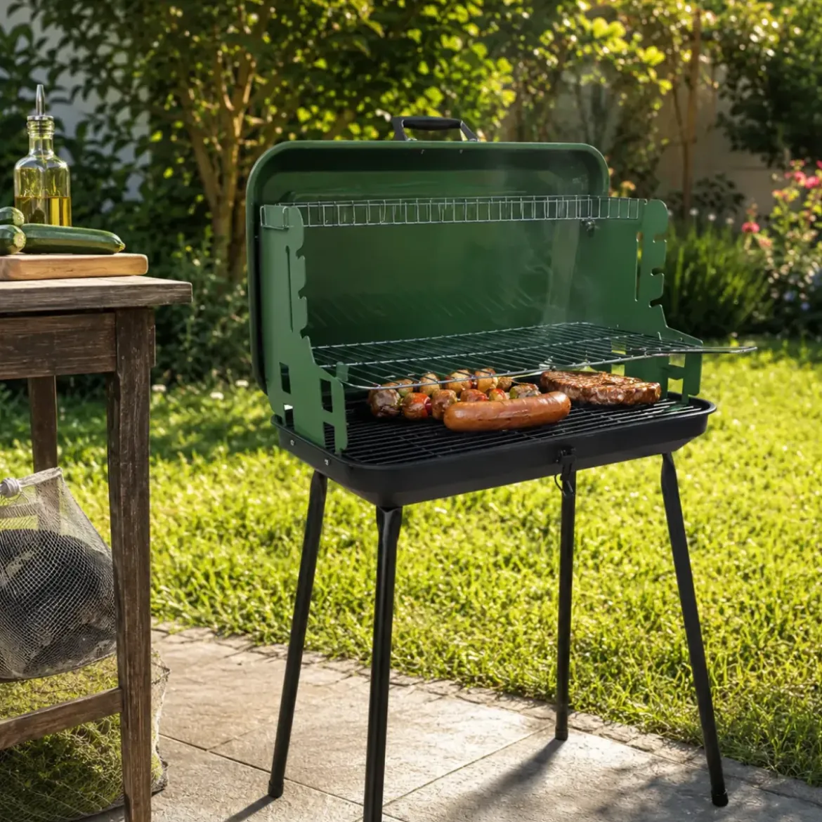 Barbecue a Carbonella Verde a Valigetta con Griglia Regolabile 49x30 cm