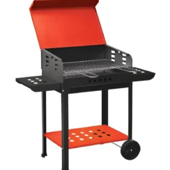 Barbecue a Carbonella 60x40x90 cm Coperchio Ruote Acciaio Rosso Nero
