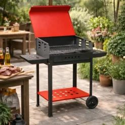 Barbecue a Carbonella 60x40x90 cm Coperchio Ruote Acciaio Rosso Nero