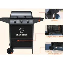 Barbecue a Gas da Esterno 107x55x95,5H cm a 3 Fuochi Acciaio Nero