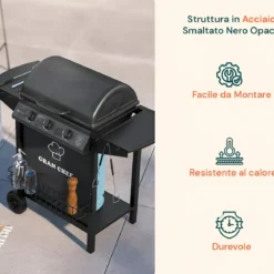 Barbecue a Gas da Esterno 107x55x95,5H cm a 3 Fuochi Acciaio Nero