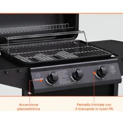 Barbecue a Gas da Esterno 107x55x95,5H cm a 3 Fuochi Acciaio Nero