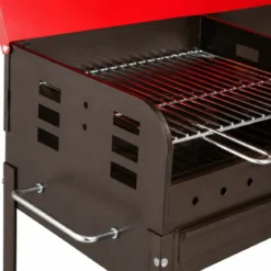 Barbecue Carbonella con Coperchio Ruote Doppia Griglia Rosso Portatile