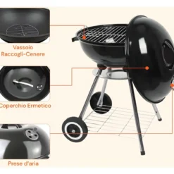 Barbecue Tondo Carbone Giardino Legna Carbonella Carrello Grigliata Griglia 45cm