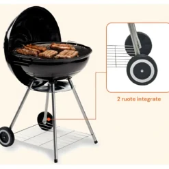 Barbecue Tondo Carbone Giardino Legna Carbonella Carrello Grigliata Griglia 45cm