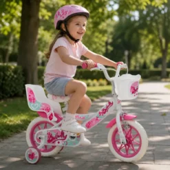 Bicicletta Bambini 12" Bianco Rotelle Removibili Seggiolino Cestino