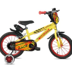 Bicicletta Bambini 16" Giallo Rotelle Removibili Turbo Race Borraccia