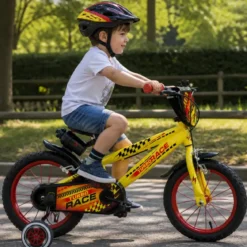Bicicletta Bambini 14" Giallo Rotelle Removibili Turbo Race Borraccia