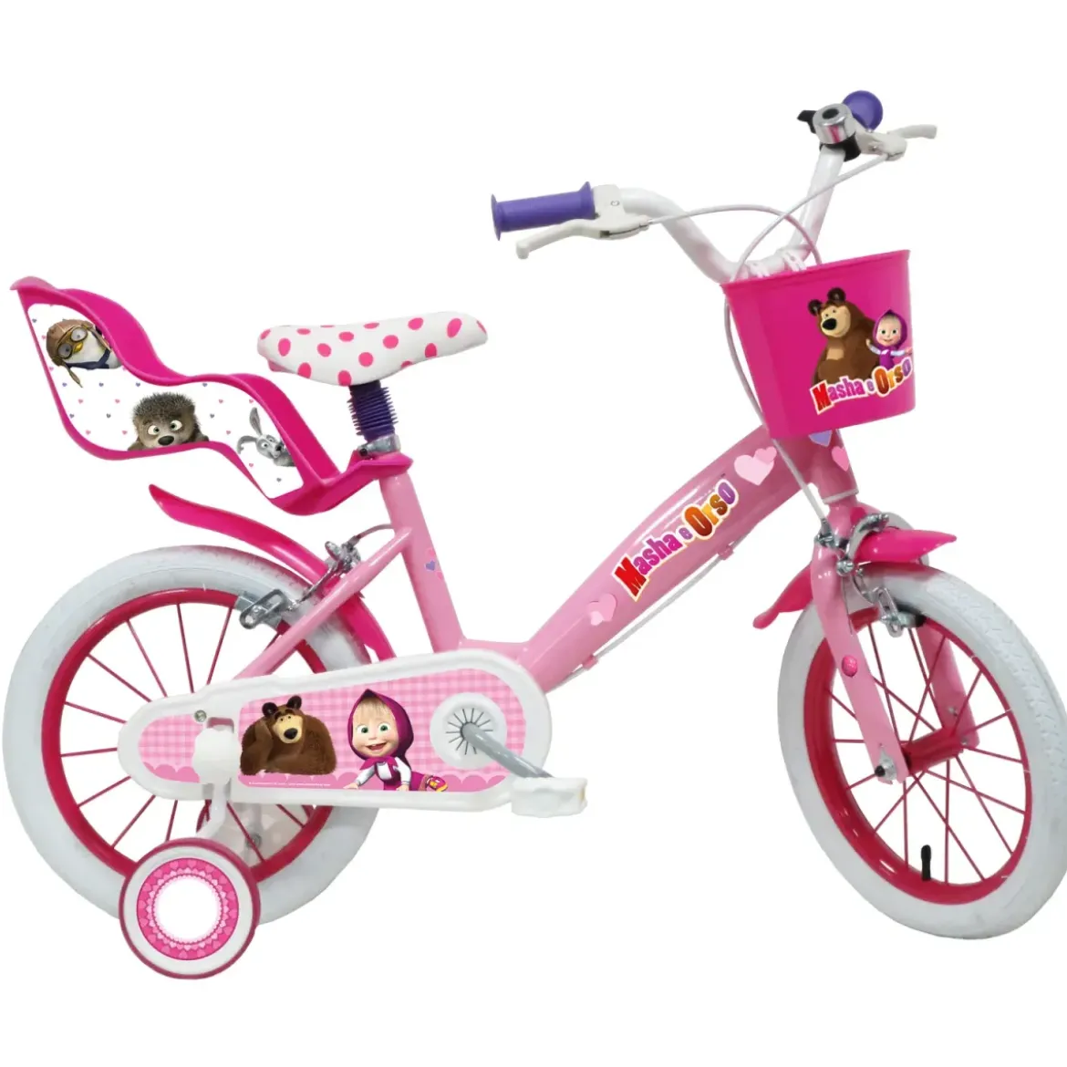 Bicicletta per Bambini 14" Masha e Orso Bianco con Portabambola Rotelle