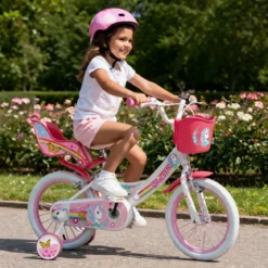 Bicicletta per Bambini 16" Rosa Unicorno Rotelle Removibili Cestino