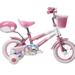 Bicicletta per Bambini 12" Unicorno Rosa Bianco con Rotelle Cestino