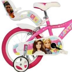 Bicicletta Rotelle Barbie 14" per Bambini Rosa con Cestino Seggiolino