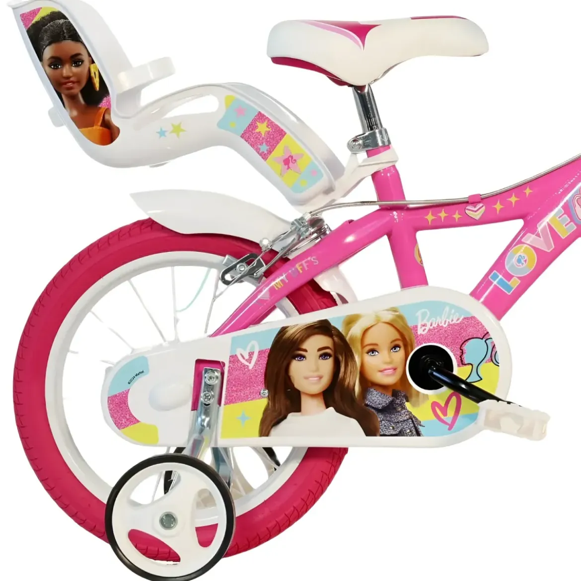 Bicicletta Rotelle Barbie 14" per Bambini Rosa con Cestino Seggiolino