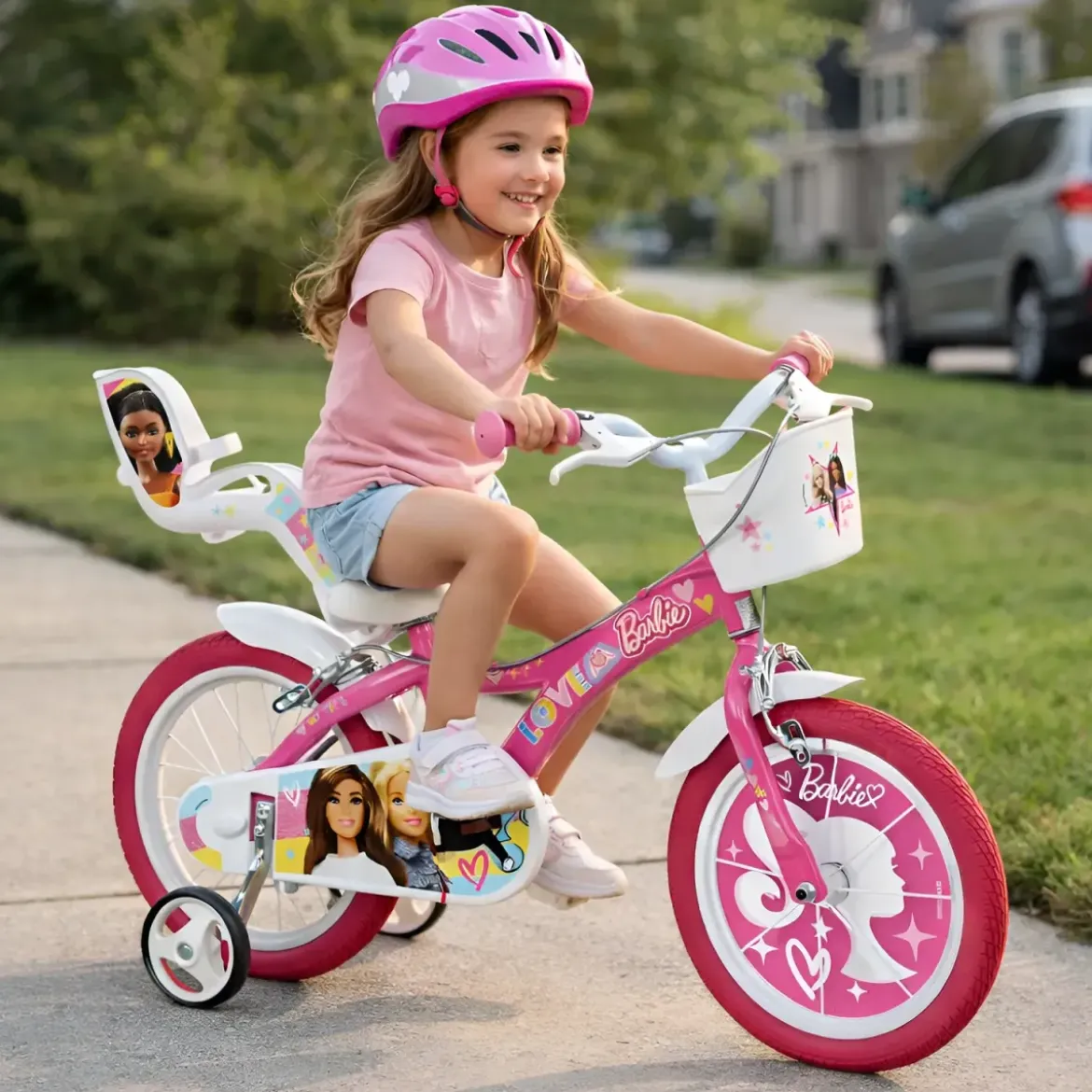 Bicicletta Rotelle Barbie 14" per Bambini Rosa con Cestino Seggiolino