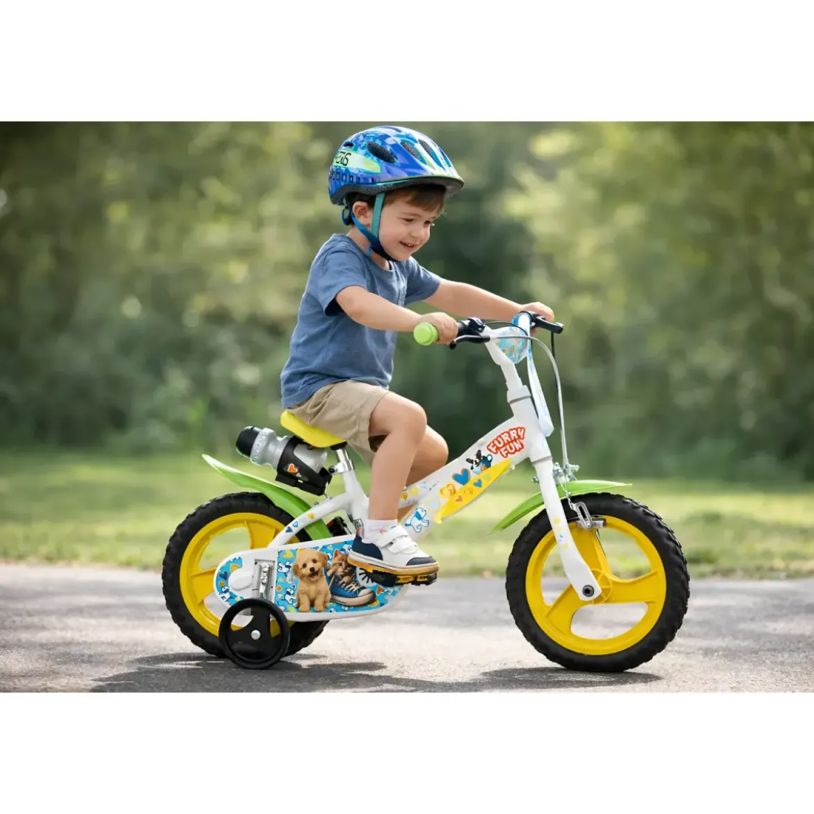 Bicicletta Rotelle per Bambini 12" Furry Fun Bianco Porta Borraccia