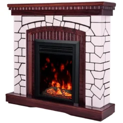Caminetto Elettrico Classico 1500W Finitura Legno e Pietra e Suono Legna