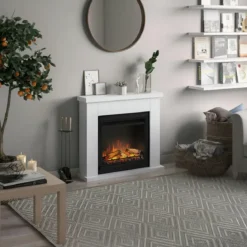 Caminetto Elettrico da Pavimento Tagu Frode con Cornice in Legno Bianco Moderno