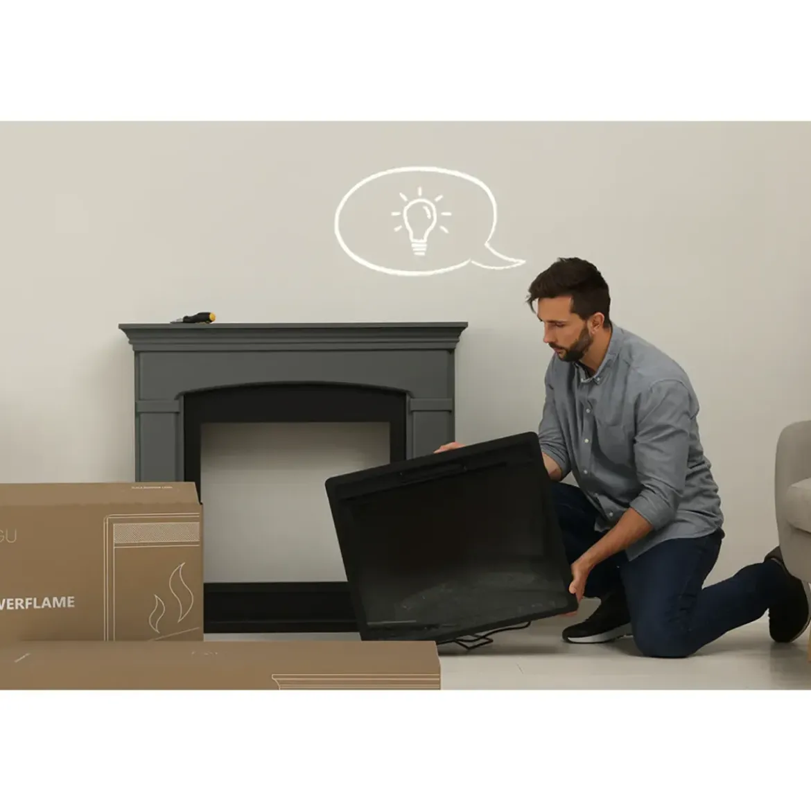 Caminetto Finto Decorativo Elettrico Tagu Frode con Cornice in Legno Grigio