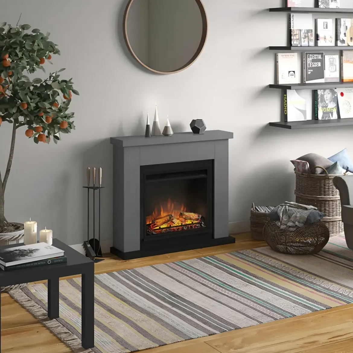 Caminetto Finto Decorativo Elettrico Tagu Frode con Cornice in Legno Grigio