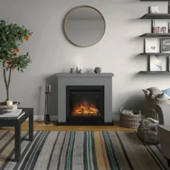 Caminetto Finto Decorativo Elettrico Tagu Frode con Cornice in Legno Grigio