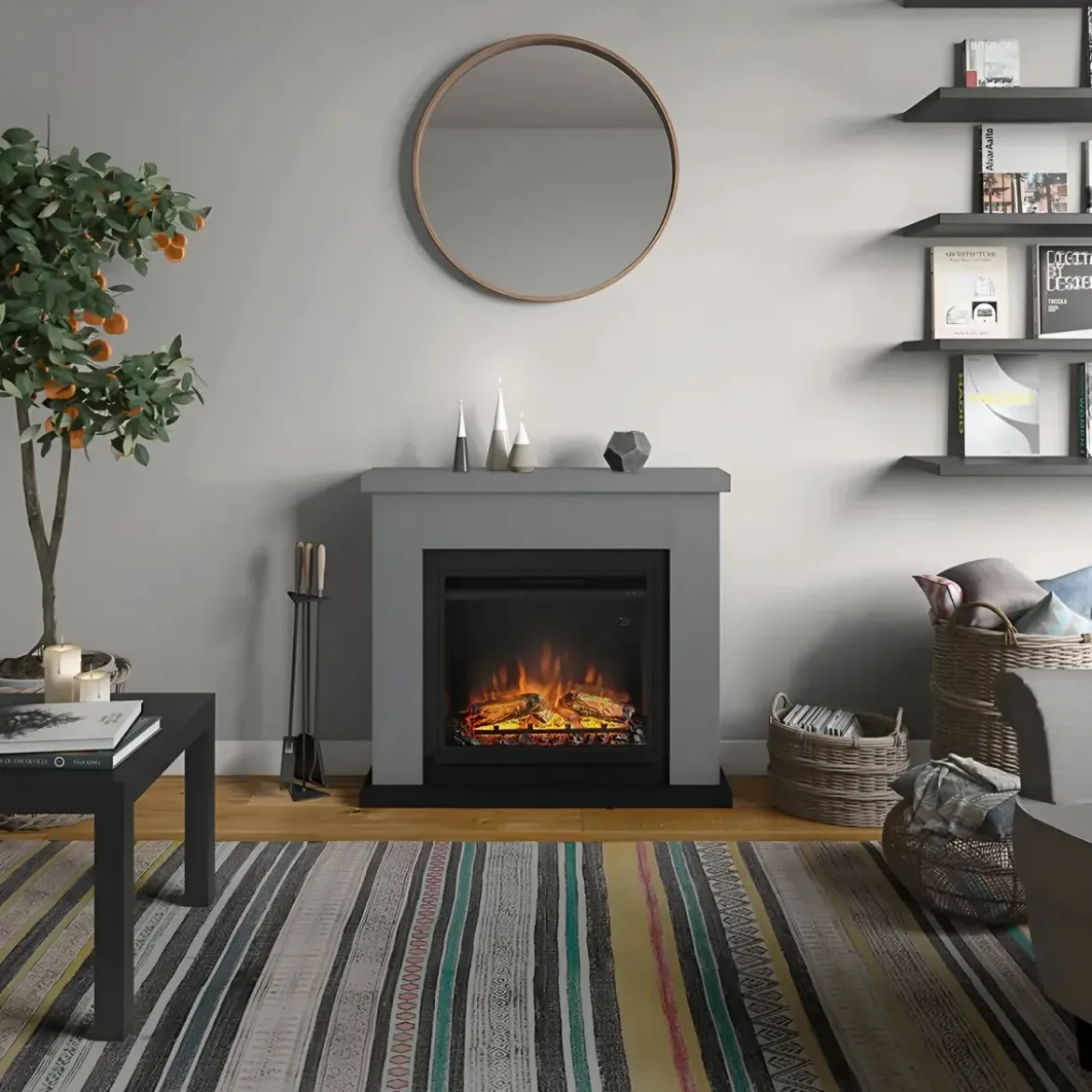 Caminetto Finto Decorativo Elettrico Tagu Frode con Cornice in Legno Grigio