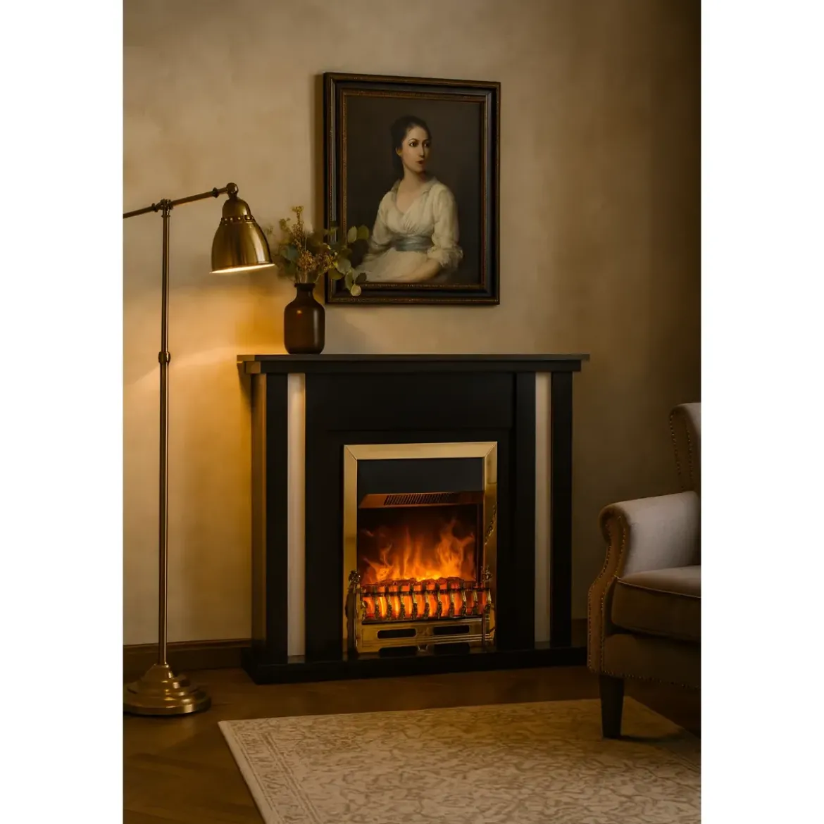 Camino Elettrico Classico 2000W Nero con Inserti Bianchi e Finiture Oro