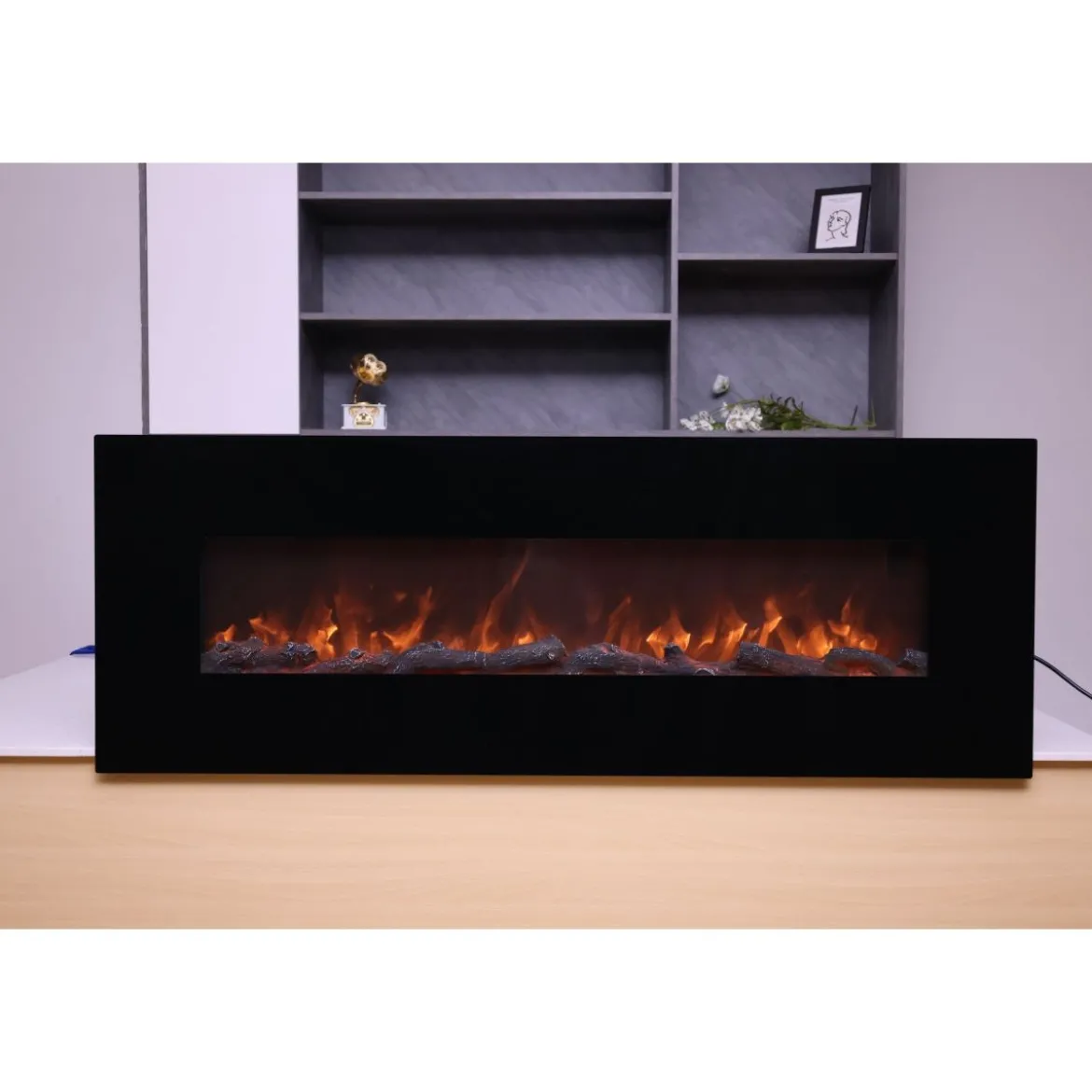 Camino Elettrico 150cm da Parete con Led Fiamma Finta Potenza Regolabile