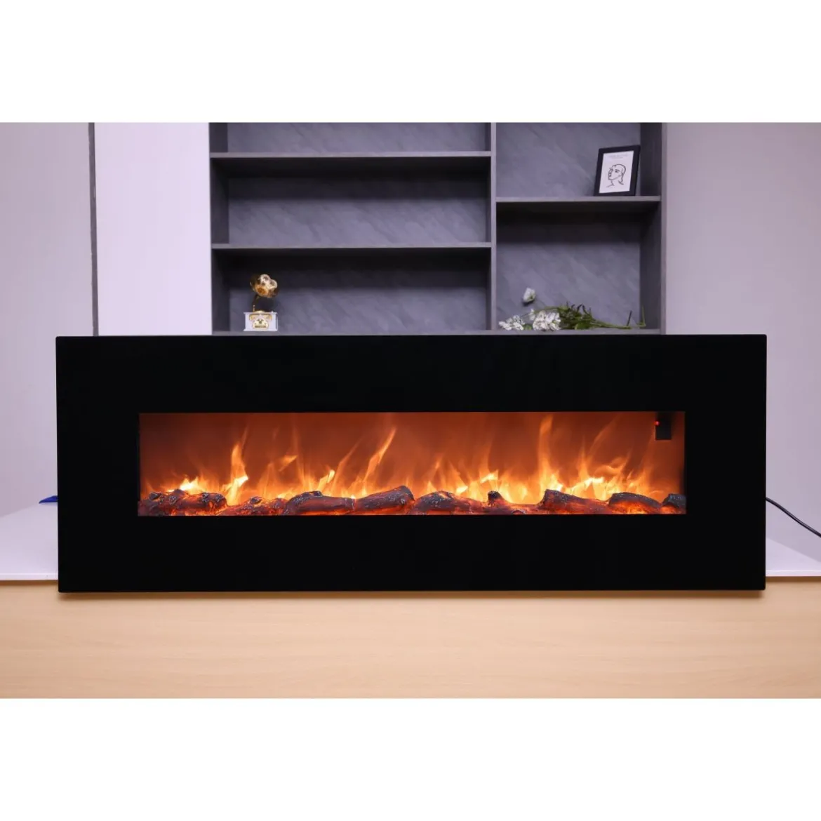 Camino Elettrico 150cm da Parete con Led Fiamma Finta Potenza Regolabile