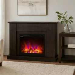 Camino Elettrico con Mantello Legno Scuro 1500W Fiamma LED 3 Colori