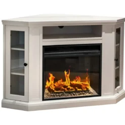 Camino Elettrico con Mobile Angolare 1800W da Appoggio in Legno Bianco