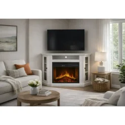 Camino Elettrico con Mobile Angolare 1800W da Appoggio in Legno Bianco
