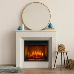 Camino Elettrico da Pavimento 1800W Legno Bianco Termostato Digitale