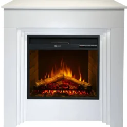 Camino Elettrico da Pavimento 1800W Legno Bianco Termostato Digitale
