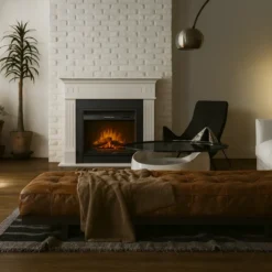Camino Elettrico da Pavimento 1800W Legno MDF Bianco per Soggiorno