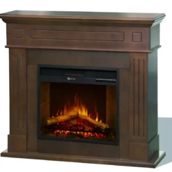 Camino Elettrico da Pavimento 1800W Legno MDF Noce per Soggiorno